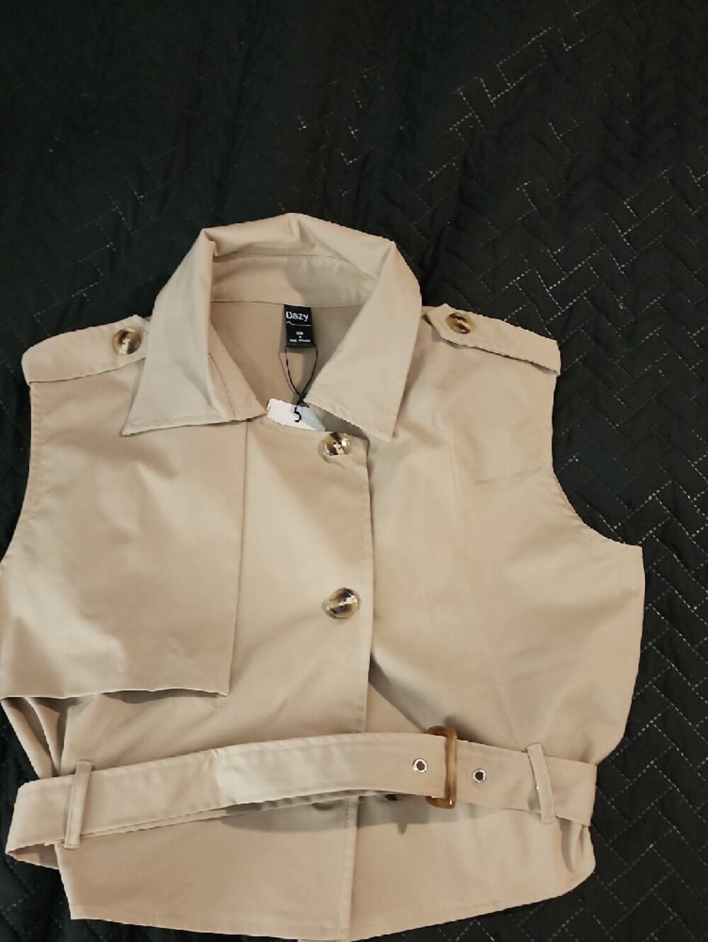 Dazy Beige Cropped Trench Vest with Belt - Picture 2 of 4